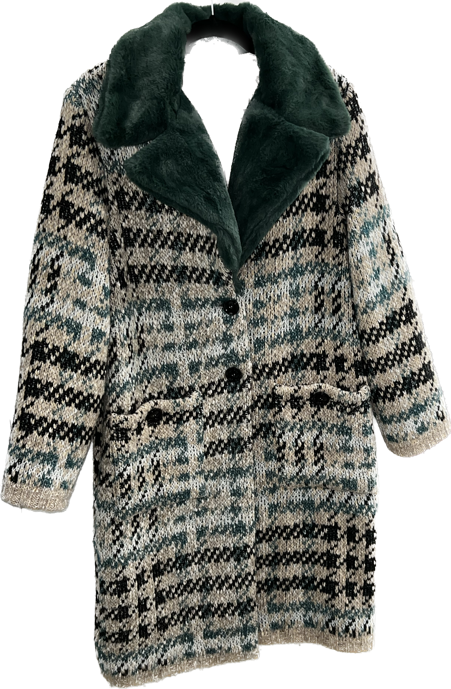 TRICOT CHIC CHECKERED COAT WITH FAUX FUR COLLAR